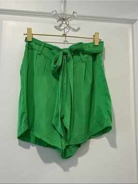 Nouvelle Silk95Five Silk High-Waist Tie-Belt Shorts in Bright Green